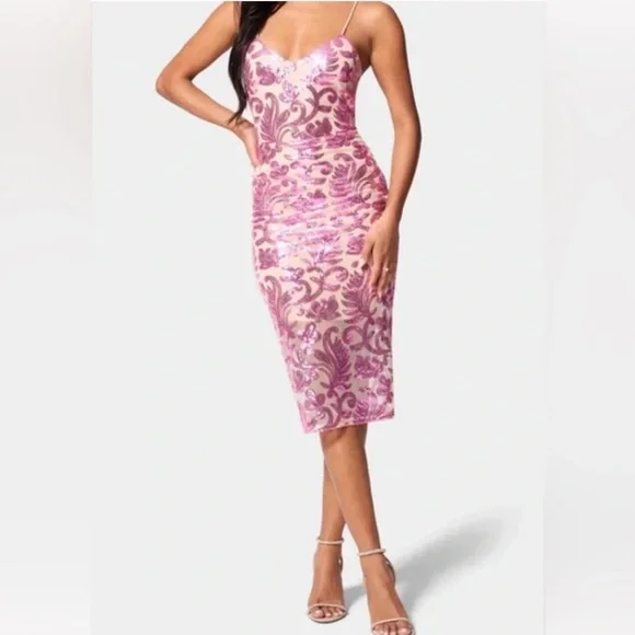 Bebe Fitted Midi Bodycon Dress - Pink Bebe Fitted Midi Bodycon Dress - Pink